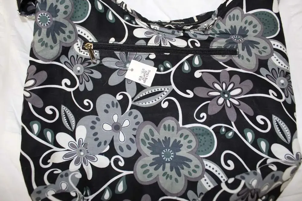 Ming's Bags Black and Grey Floral Print Canvas Hobo Shoulder Bag